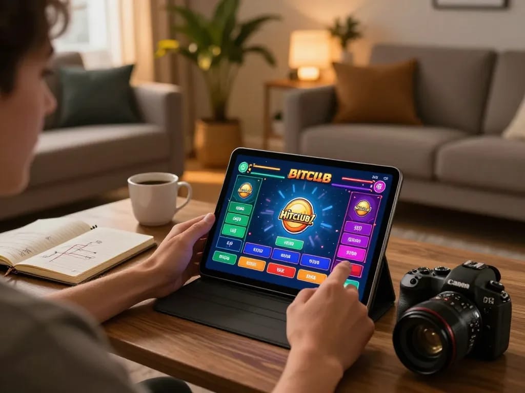 Playing Hitclub on a tablet in a cozy home setup, showcasing engaging casino gameplay.