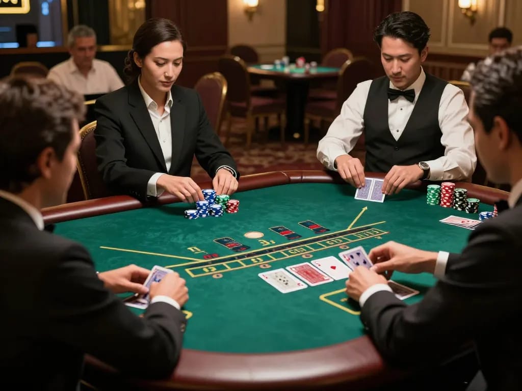 Players engaging in a thrilling baccarat game at sc88 casino, showcasing strategic betting and elite dealer actions.