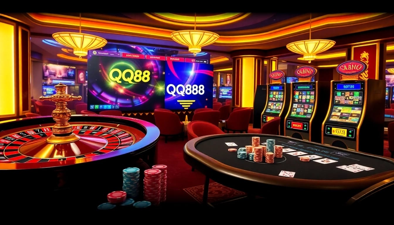 Engaging QQ88 casino experience with roulette, poker, and slot machines in a vibrant setting.