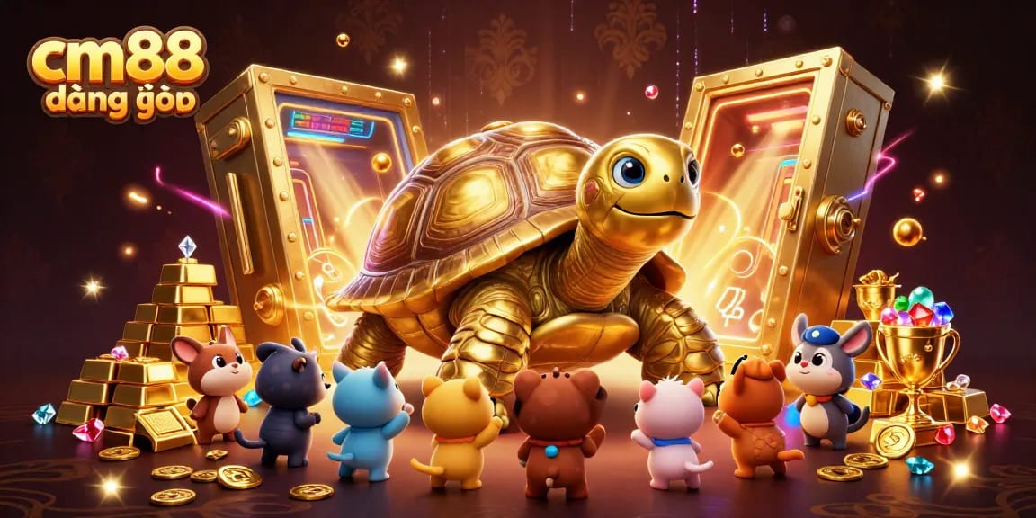 Engage with cm88 đăng nhập as a golden tortoise and vibrant treasures create a dynamic gaming scene.