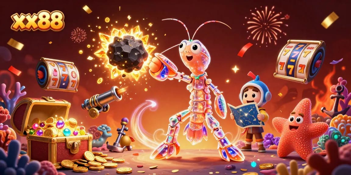 Experience the thrill of xx88 with a galactic samurai shrimp amidst exploding treasures in this dynamic casino scene.