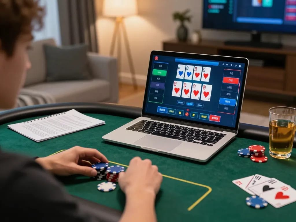 Engaging online poker session at home with 79kingt1 displayed on laptop, showcasing strategic gameplay.