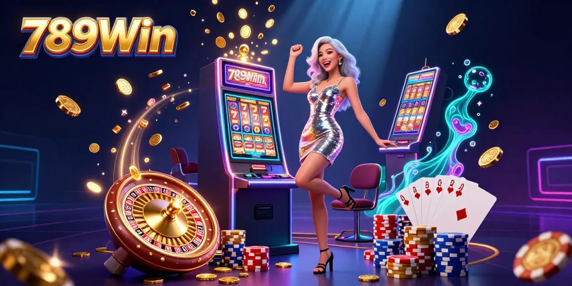 Players engage with 789Win slots, celebrating jackpots amidst a vibrant casino atmosphere.