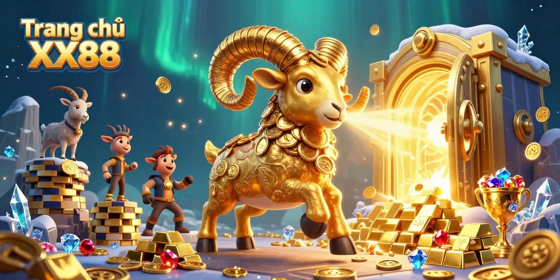 Engage with Trang chủ XX88's vibrant casino experience featuring golden ram collectibles and treasure.