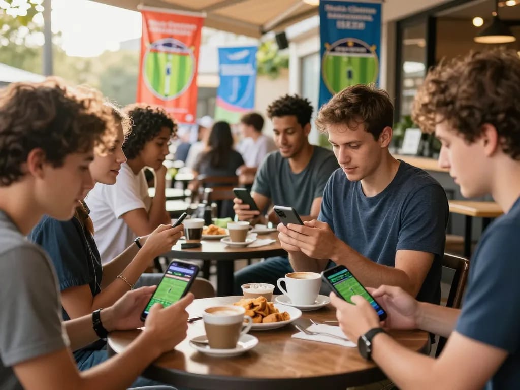 Engaging in cá độ bóng đá online with friends at a lively café, showcasing betting excitement.