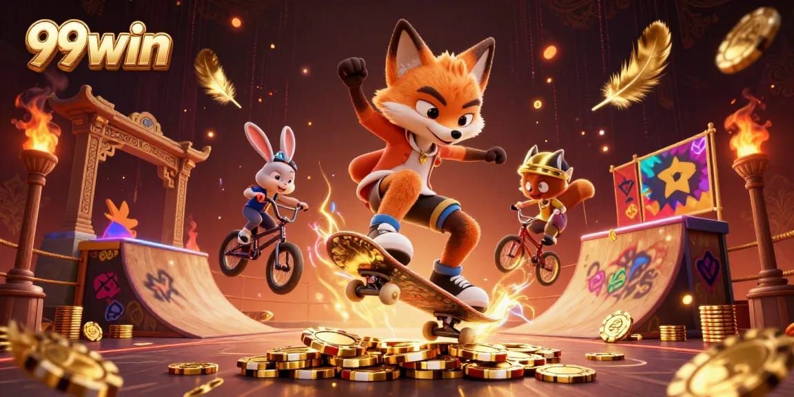 Experience thrilling gaming at 99win with animated fox and rabbit in an engaging casino scene.