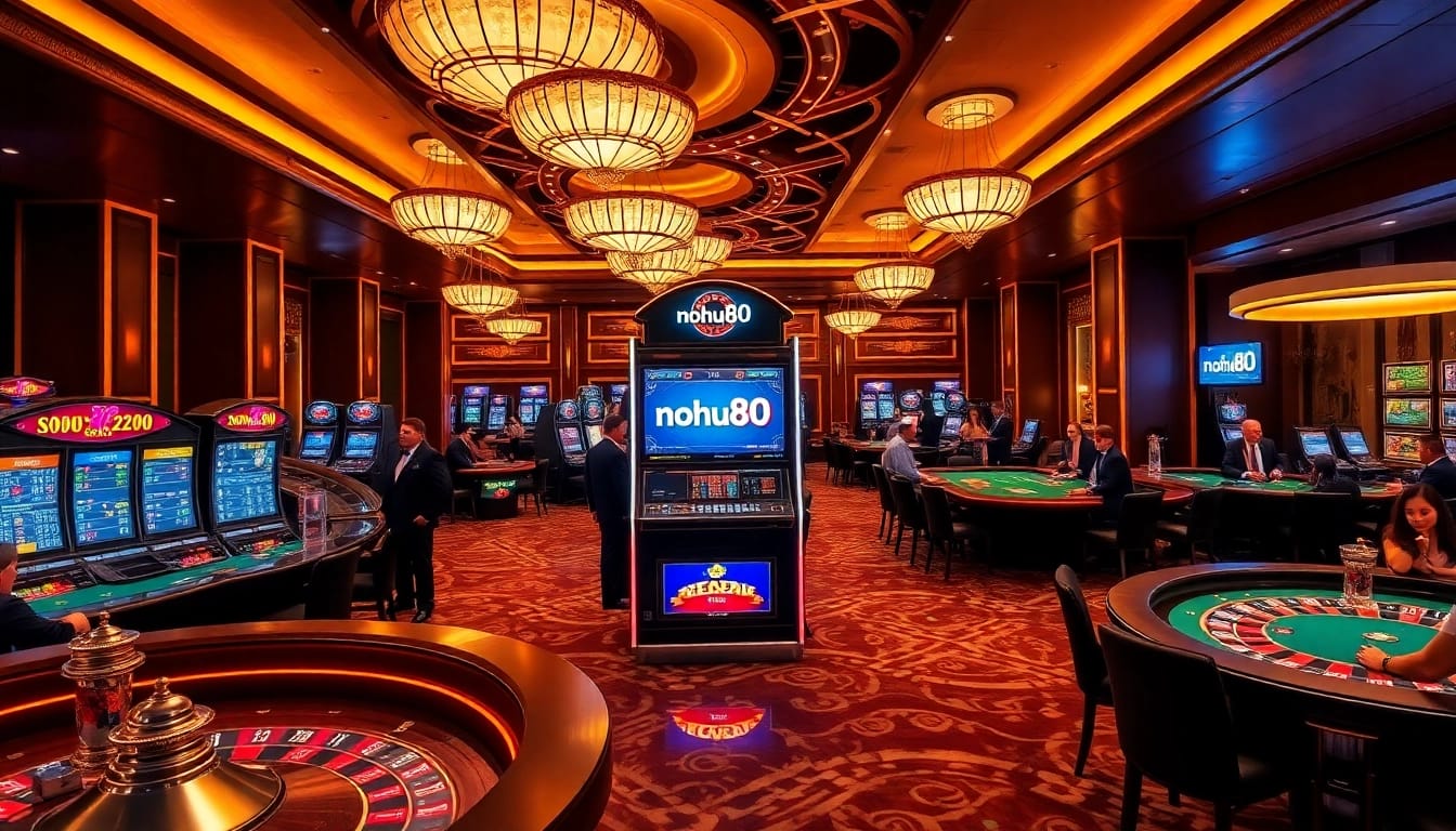 Gambler engaging with the nohu90 slot machine in a vibrant casino atmosphere.