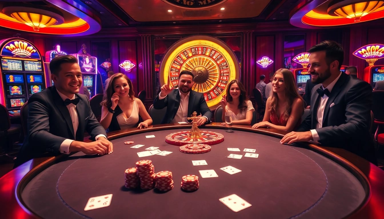Players enjoying an exciting game of poker at Thabet77 in a vibrant casino atmosphere.