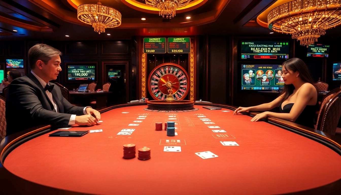 Thrilling blackjack action in a luxury casino, showcasing thiên hạ bet excitement.