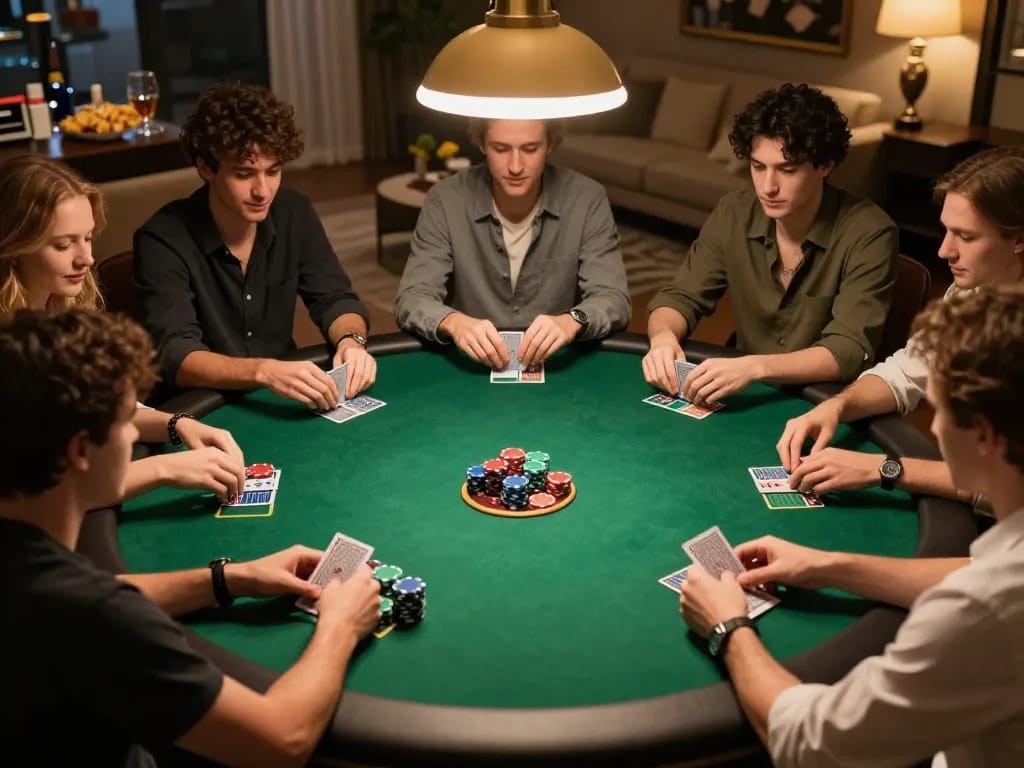 Friends playing poker at home, capturing a competitive moment for ko66biz enthusiasts.