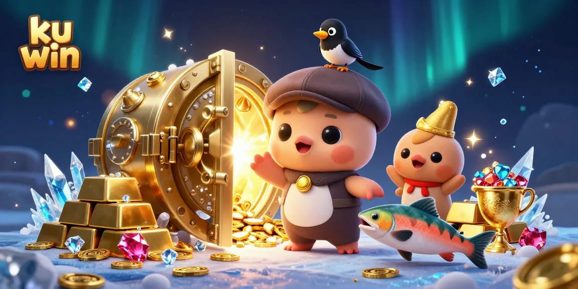ku win showcases a fun gambling scene with Nessie, jewels, and gold treasures in a vibrant, whimsical environment