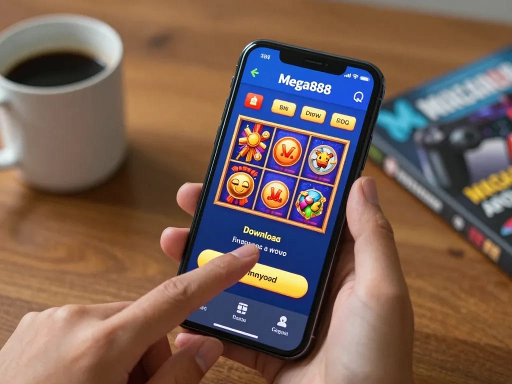Download aplikasi mega888 on a smartphone with vibrant casino games interface in a cozy home environment.