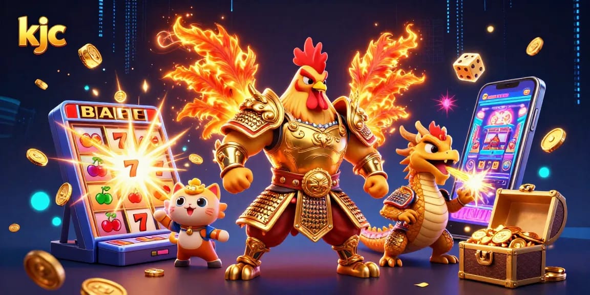 KJC players enjoy a thrilling casino experience with a fighting rooster and dragon amidst a jackpot scene.