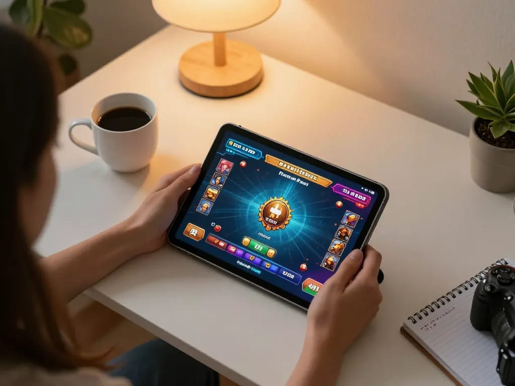 Player engaging with lc88 online casino game on tablet in cozy home setting