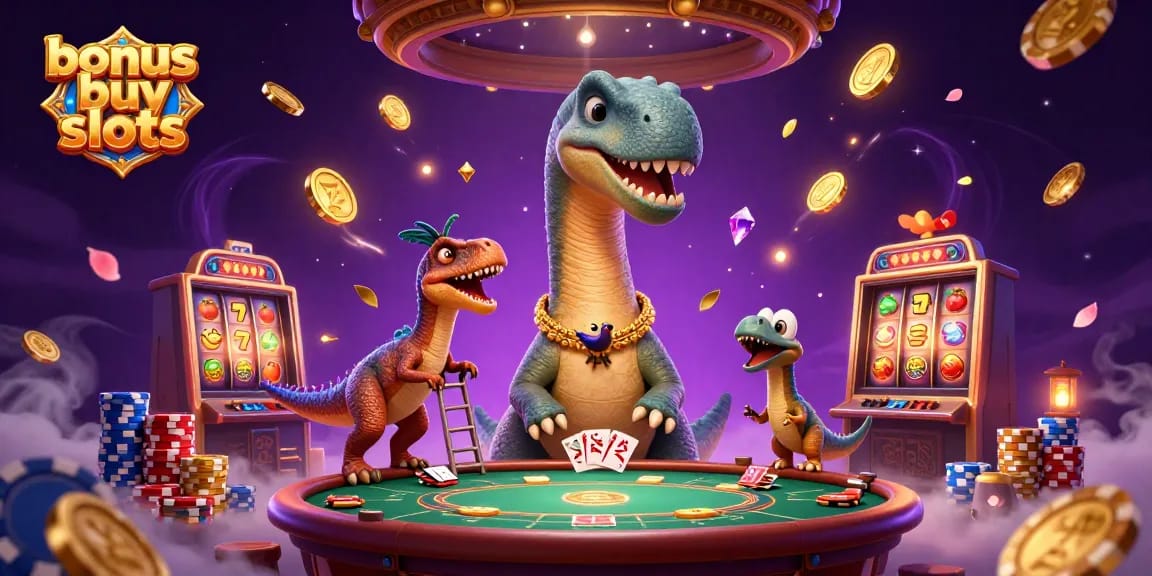 Experience thrilling bonus buy slots gameplay with a dinosaur dealer, vibrant chips, and cascading gems.