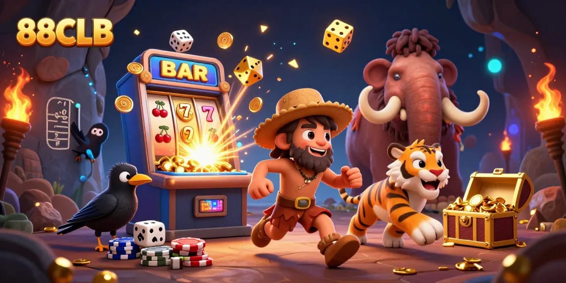 88CLB showcases animated caveman casino scene with vibrant slot machine jackpots and playful elements.
