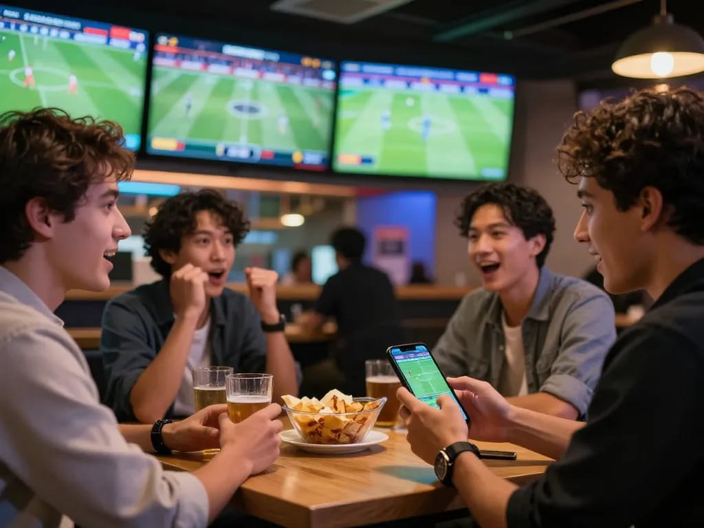 Excited sports fans engaging with kèo bóng đá odds on smartphones while watching football.