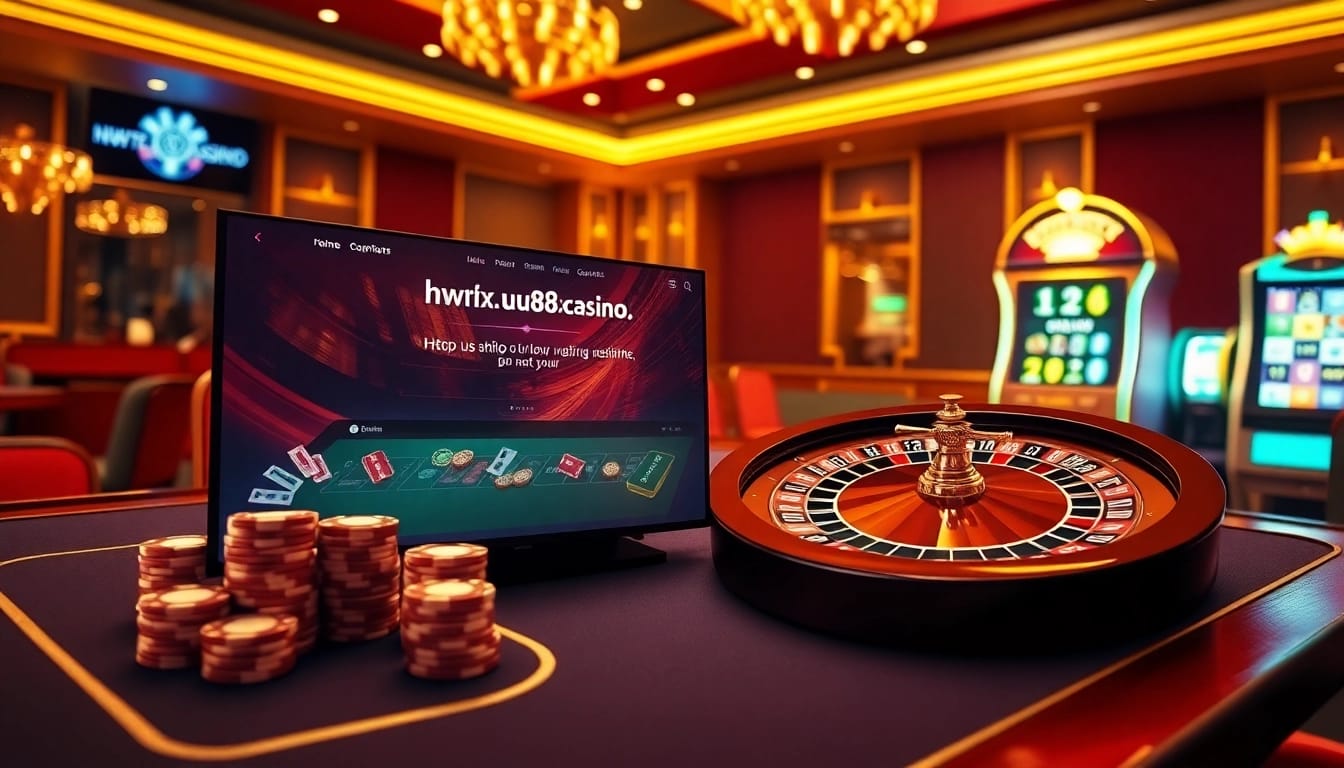 A lively online gambling scene featuring exciting elements from https://uu88xpj.com/, emphasizing roulette, poker chips, and slot machines.