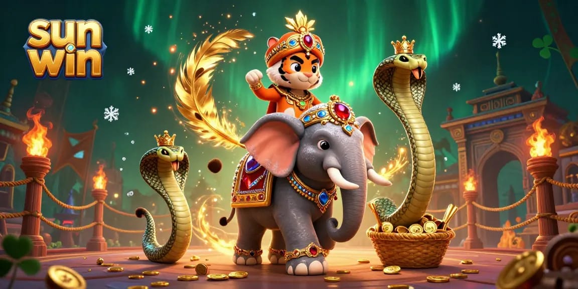 Experience exciting gameplay at sun win with a vibrant 3D illustration featuring an elephant and maharaja tiger.