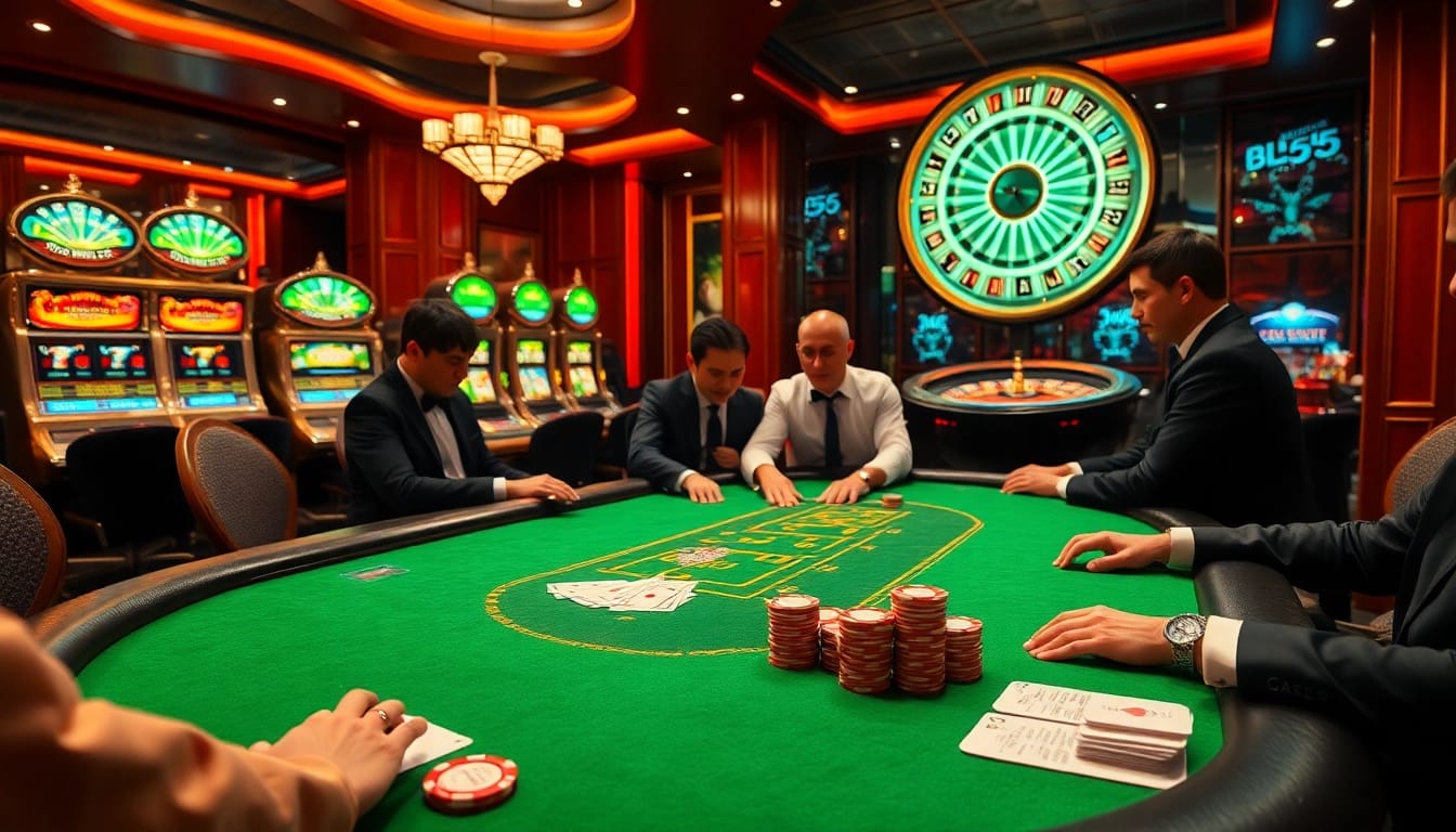 Experimente jogos emocionantes no luxuoso cassino da BL555, com mesas de pôquer e máquinas caça-níqueis vibrantes.