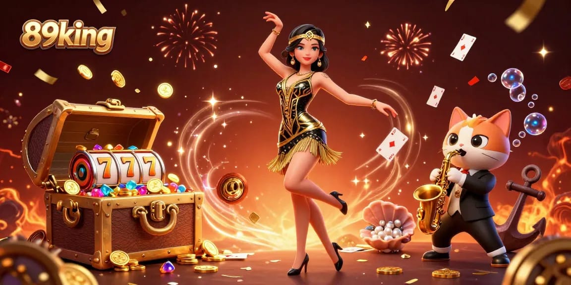 Experience the thrill of 89king with an engaging casino-themed digital illustration showcasing fun characters and iconic elements.