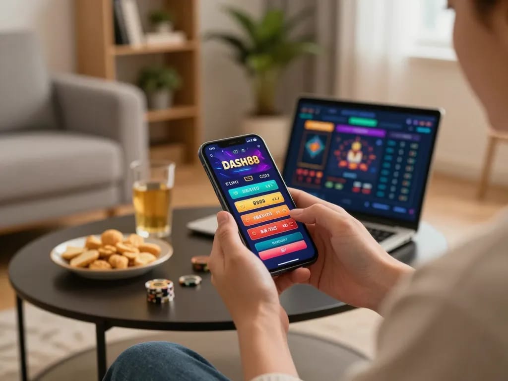 Engage in fast-paced gaming using the dash88 app in a cozy home environment with snacks and a laptop.
