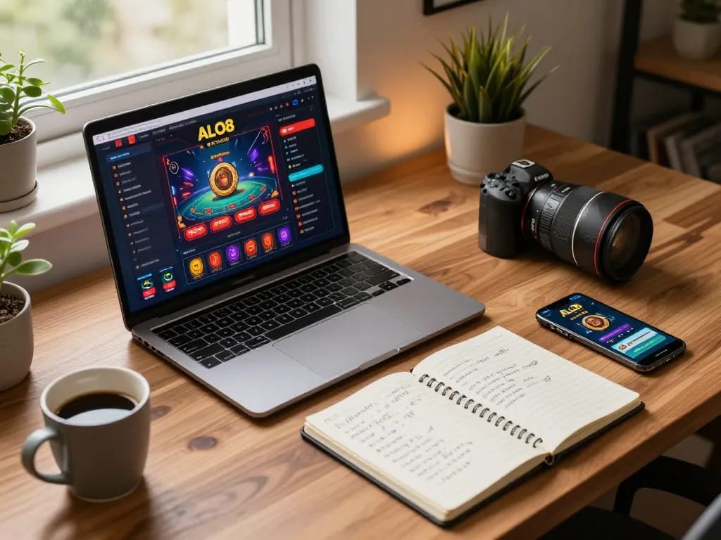 Players engaging with ALO8 casino platform on a stylish laptop, enhancing their gaming strategy.