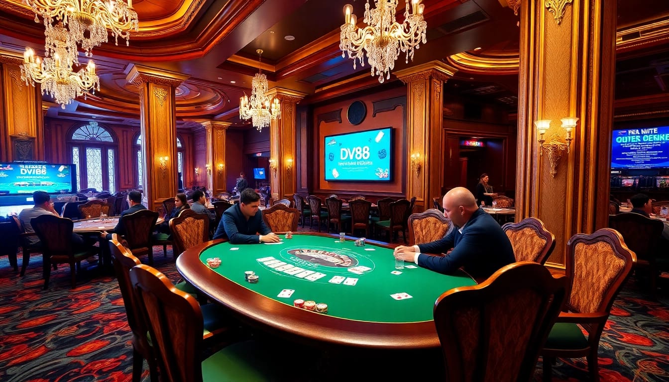 Engage in thrilling poker action at https://dv88.design/ with luxurious casino tables and vibrant atmosphere.