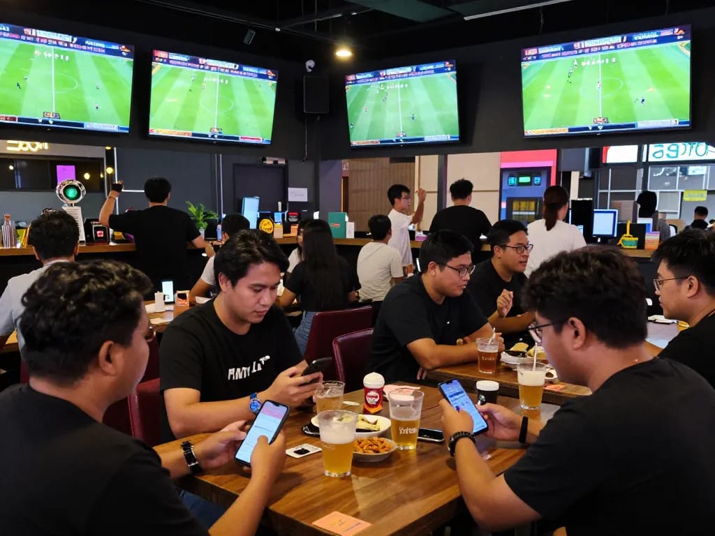 Engaged sports enthusiasts placing แทงบอล bets in a lively bar with multiple screens.