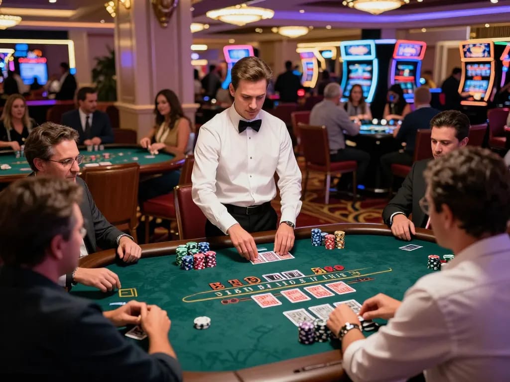 Players at https://tt88n0hu.com/ focusing on a high-stakes blackjack game in a vibrant Las Vegas casino.