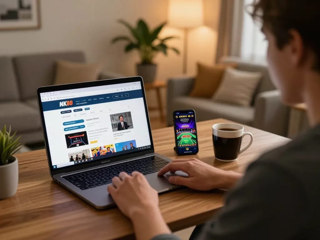 Player enjoying online gaming at NK88 with laptop and smartphone in a cozy setting.