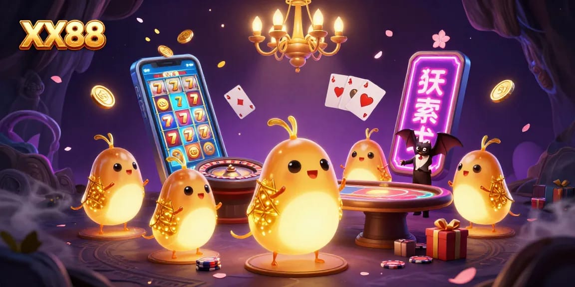 Experience the excitement of XX88 casino with glowworms lighting up a vibrant gaming scene.