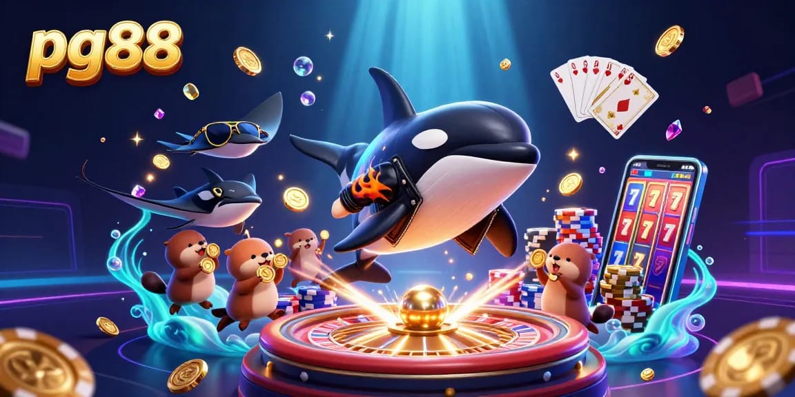 Experience the thrill of pg88 with an underwater scene of an orca, stingray, and otters amidst cascading coins.