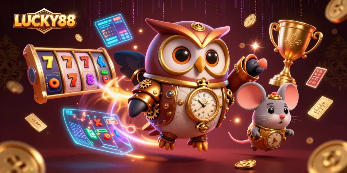 Experience thrilling gameplay with LUCKY88, where the adventurous owl encounters dynamic slot reels and casino excitement.