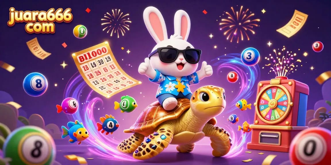 Putar dan menangkan di juara666 com dengan pemandangan cerah yang menampilkan kelinci keberuntungan dan kura-kura emas di tengah elemen lotere yang dinamis.