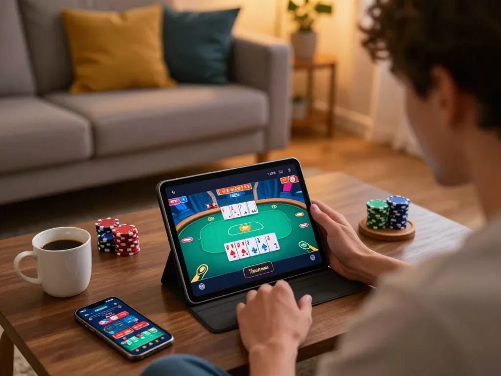 Engaging moment of a player at okwin casino using a tablet to play poker from a cozy home environment