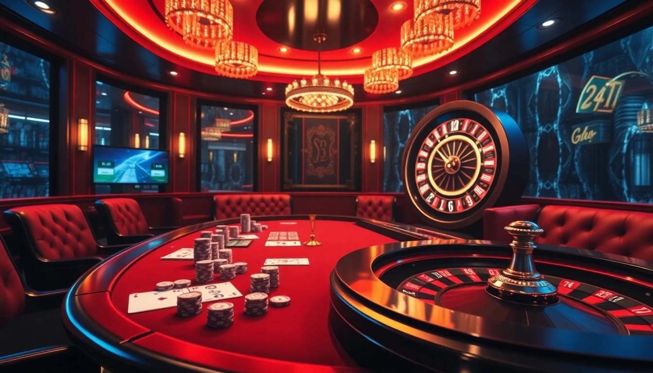 Experience VIPWIN 24 7 gaming excitement at this luxurious online casino scene with poker chips and roulette.