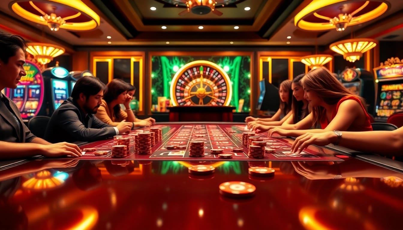 Experience the excitement of online gambling at https://vu88.art/ with vibrant casino visuals featuring colorful chips and cards.