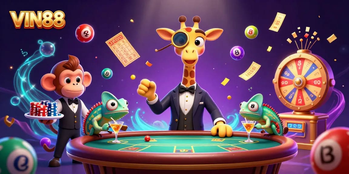 Experience the thrill of VIN88 with a high-roller giraffe and exciting gaming elements in a vibrant casino scene.