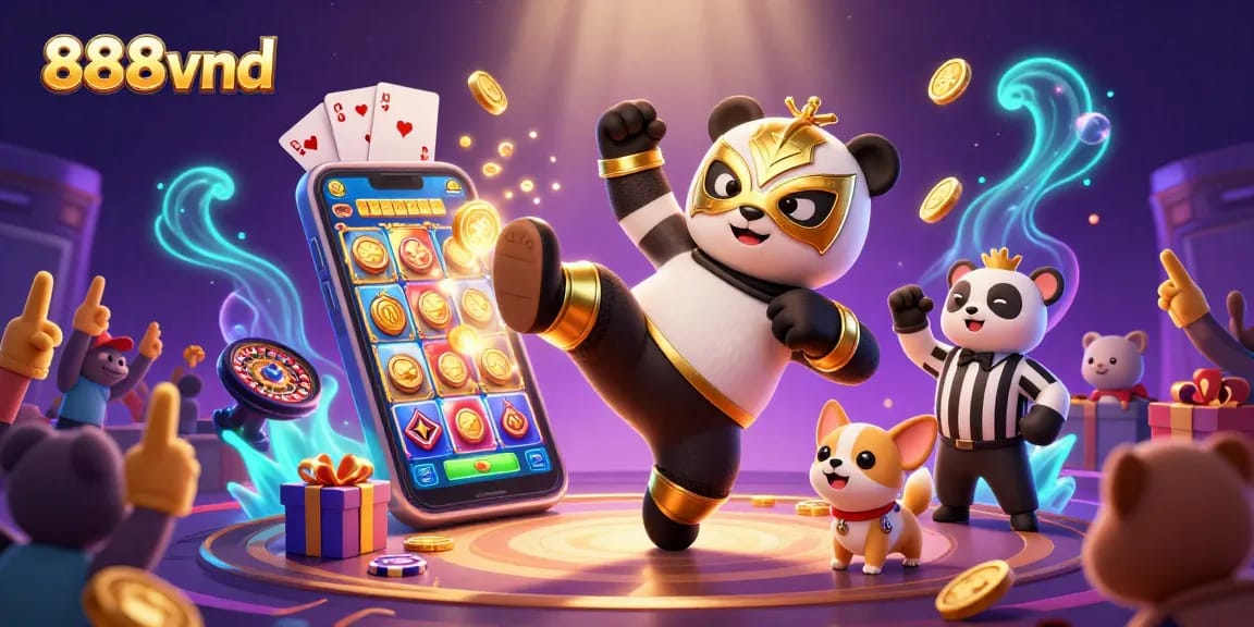 Engage with 888vnd's thrilling gaming universe featuring a flying kick panda amidst vibrant casino symbols.