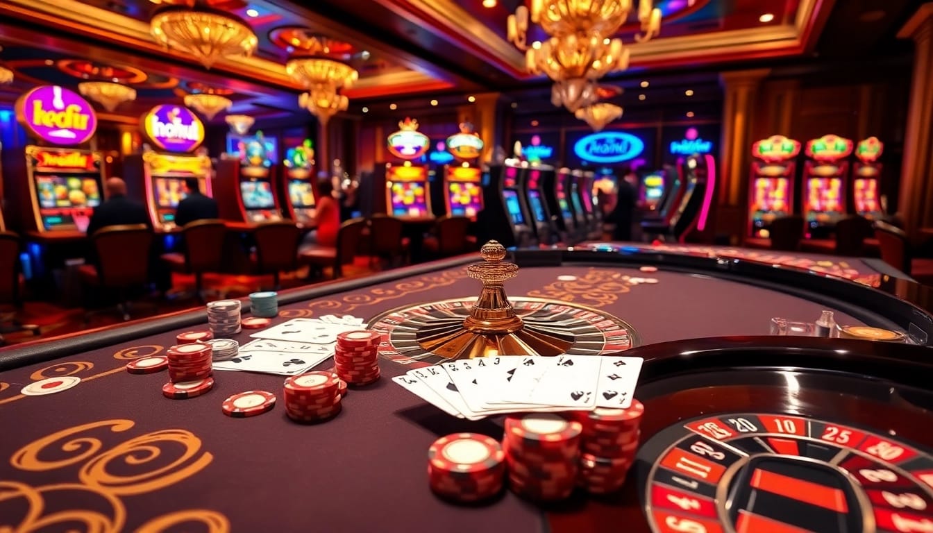 Experience the thrill of gambling at a luxurious casino featuring 'nohu' elements and glowing slot machines.
