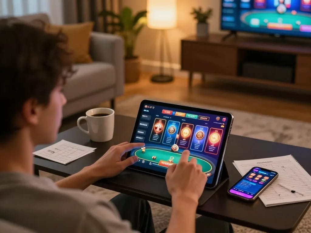 Engaging in online gambling at dn 88 with vibrant tablet display and cozy setup.