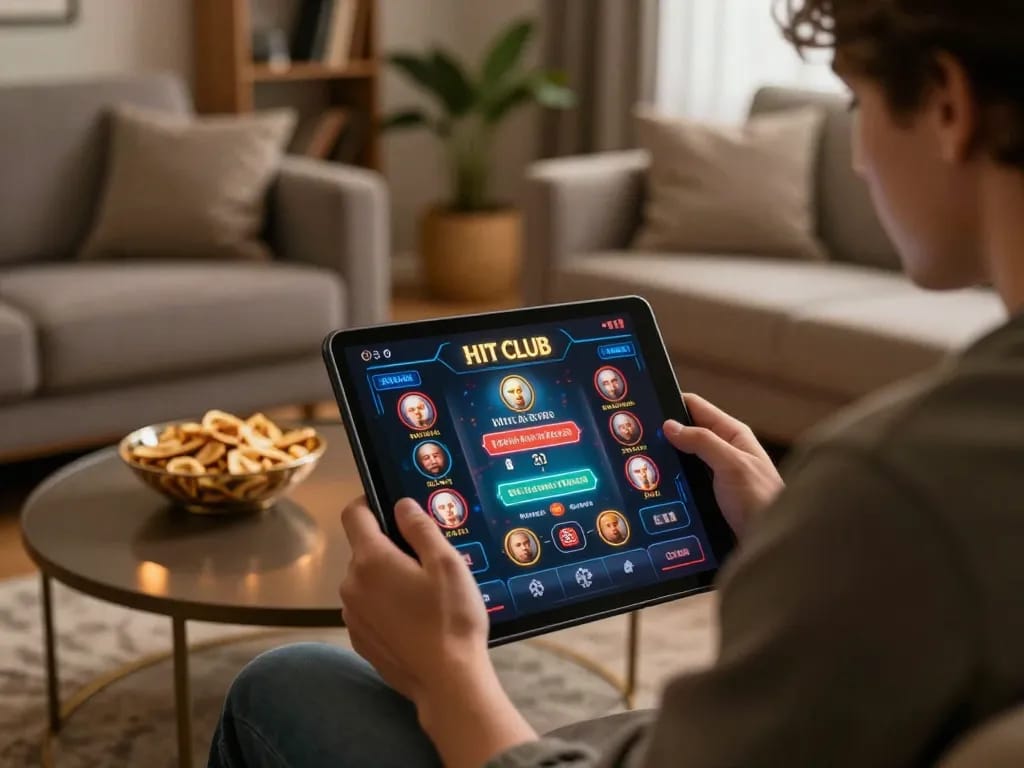 Player engaging with the HIT CLUB online casino interface in a cozy ambiance, showcasing home gaming.
