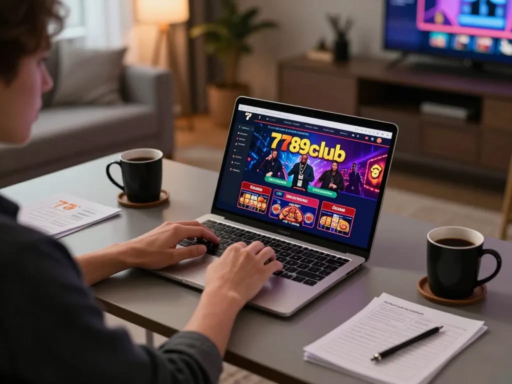 Engaging home setup for playing 789club with a laptop, showcasing the vibrant online gambling experience.