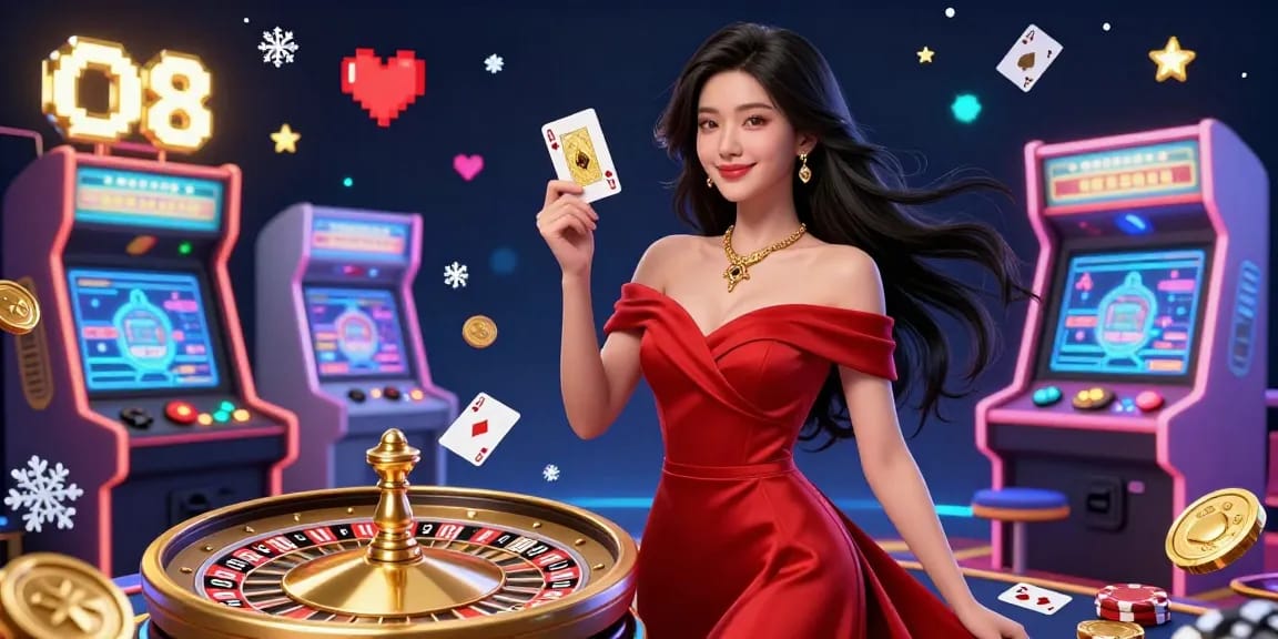 O8 showcases elegant casino experience with a beautiful woman holding a playing card and a roulette wheel.