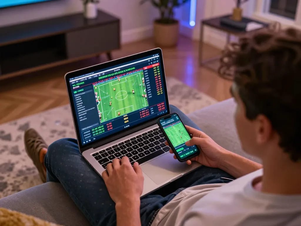 Person engaging in sports betting on 555WIN, laptop displaying match odds and updates.
