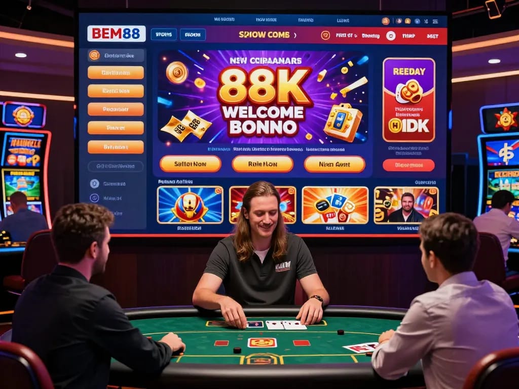 BEM88 online gambling platform showcasing a vibrant casino experience with live dealer games, slots, and sports betting promotions.