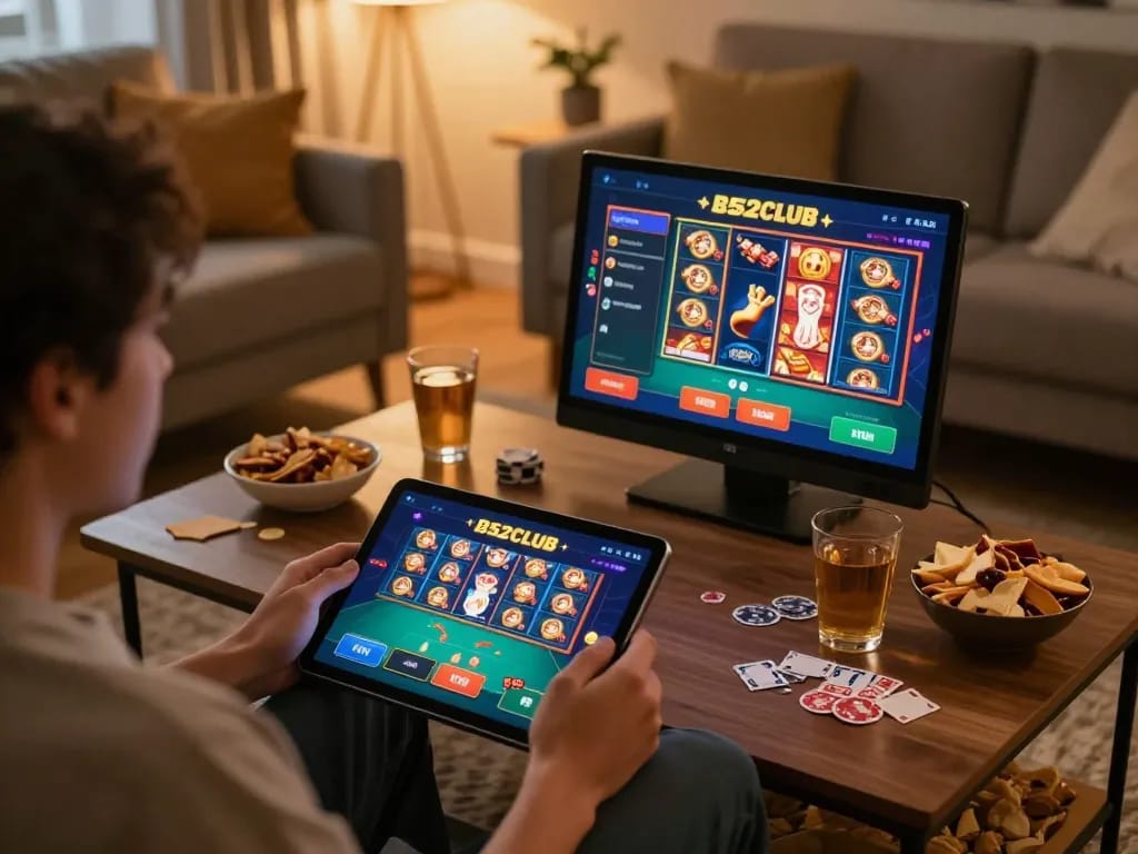 B52Club user immerses in strategic online casino gaming on tablet in cozy home setting.