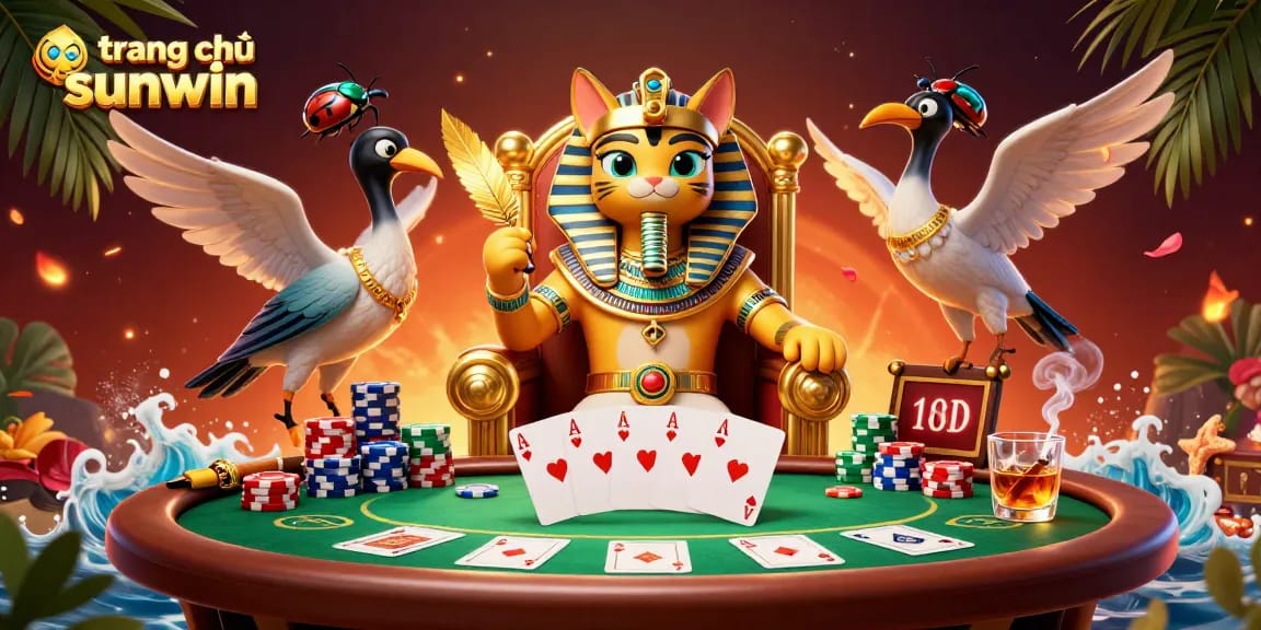 Play and win at the trang chủ sunwin casino, vibrant animated scene with a pharaoh cat and poker elements