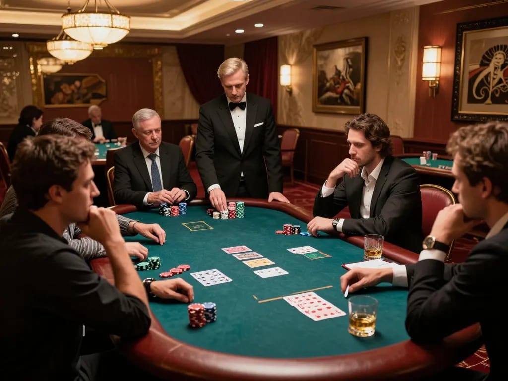 Cổng game Rik88 offers high-stakes poker action, showcasing players engaged in a strategic game in a luxurious casino environment.